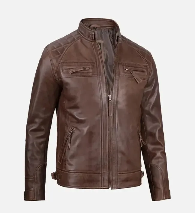 Men’s Quilted Shoulder Brown Cafe Racer Leather Jacket