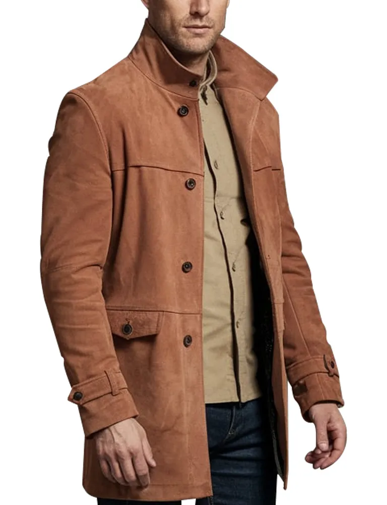 Men's Suede Leather Trench Coat In Tan Brown