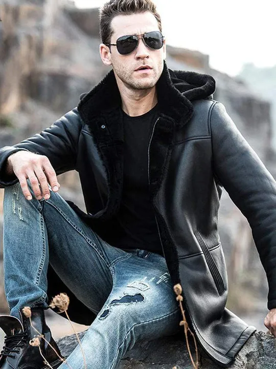 Men's Trench Shearling Hooded Leather Coat