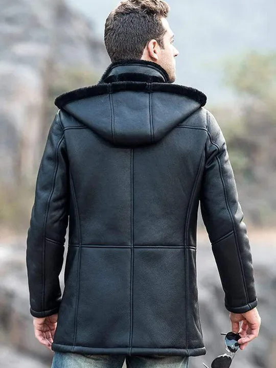 Men's Trench Shearling Hooded Leather Coat