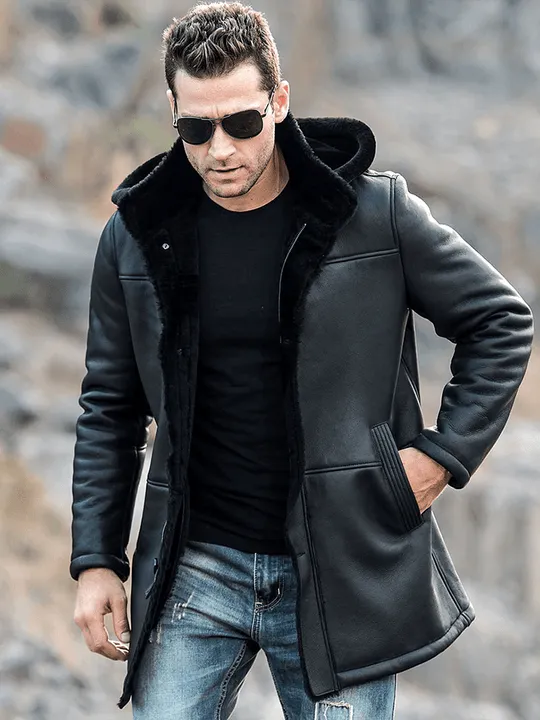 Men's Trench Shearling Hooded Leather Coat