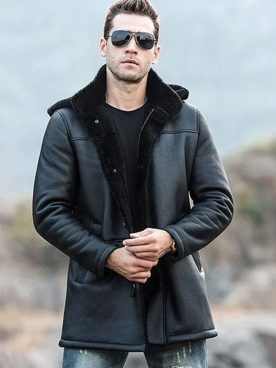 Men's Trench Shearling Hooded Leather Coat