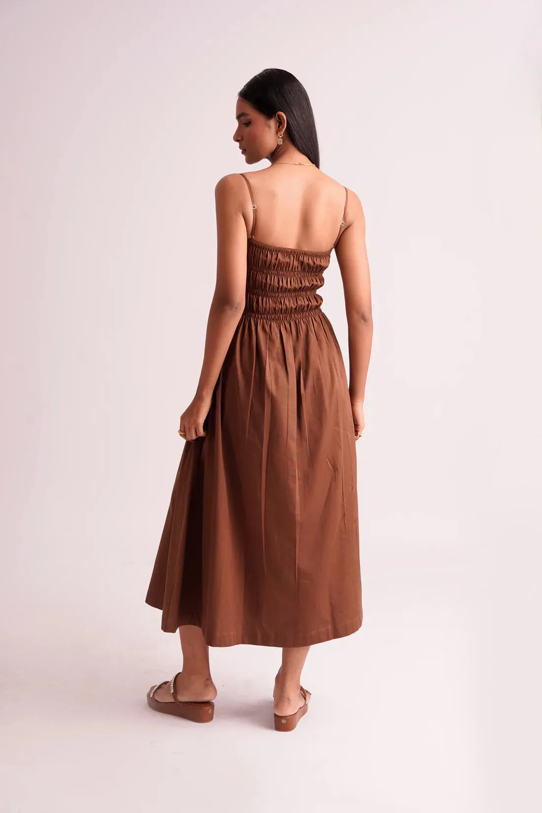 Midi Length Brown Women's cotton strap Dress