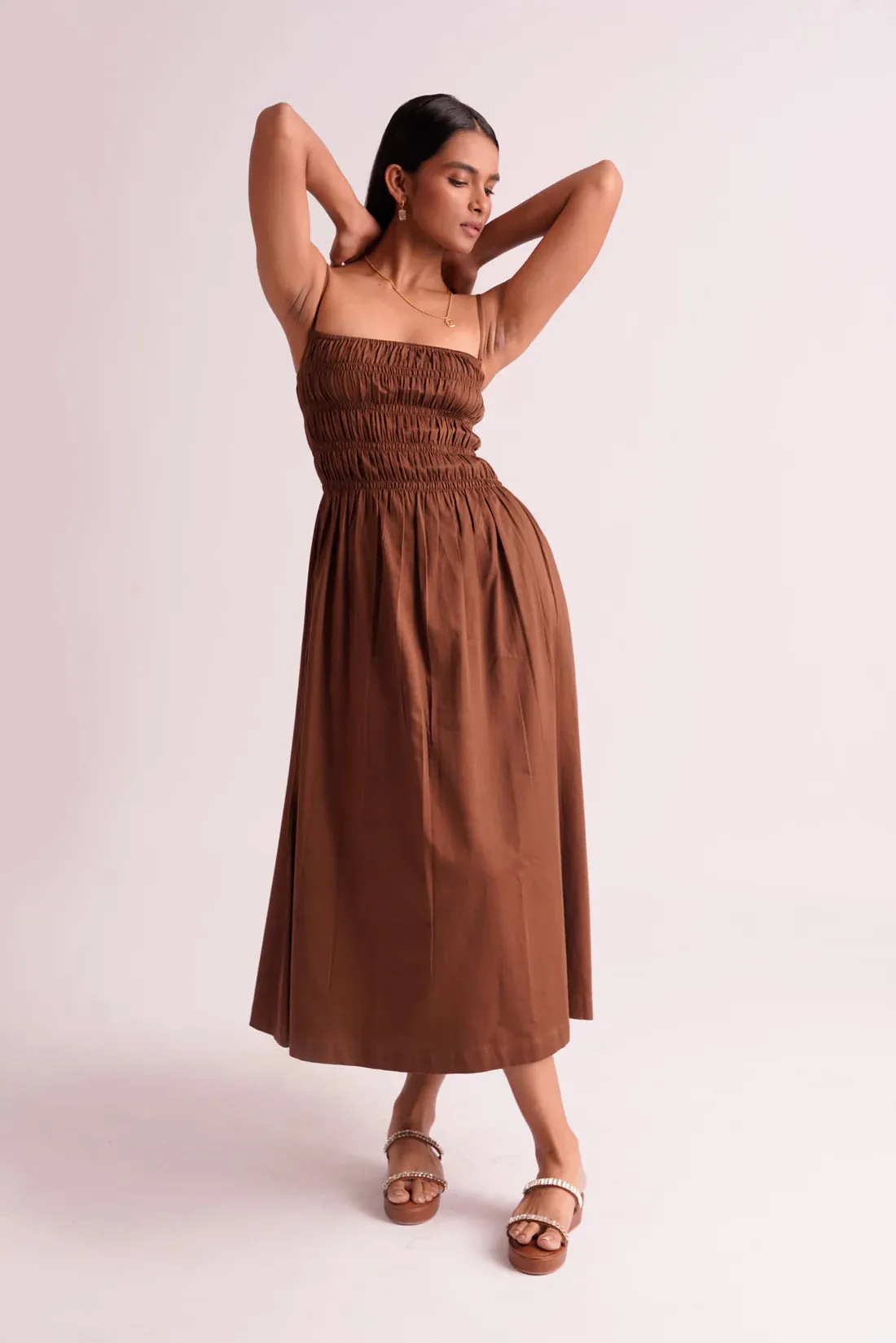 Midi Length Brown Women's cotton strap Dress