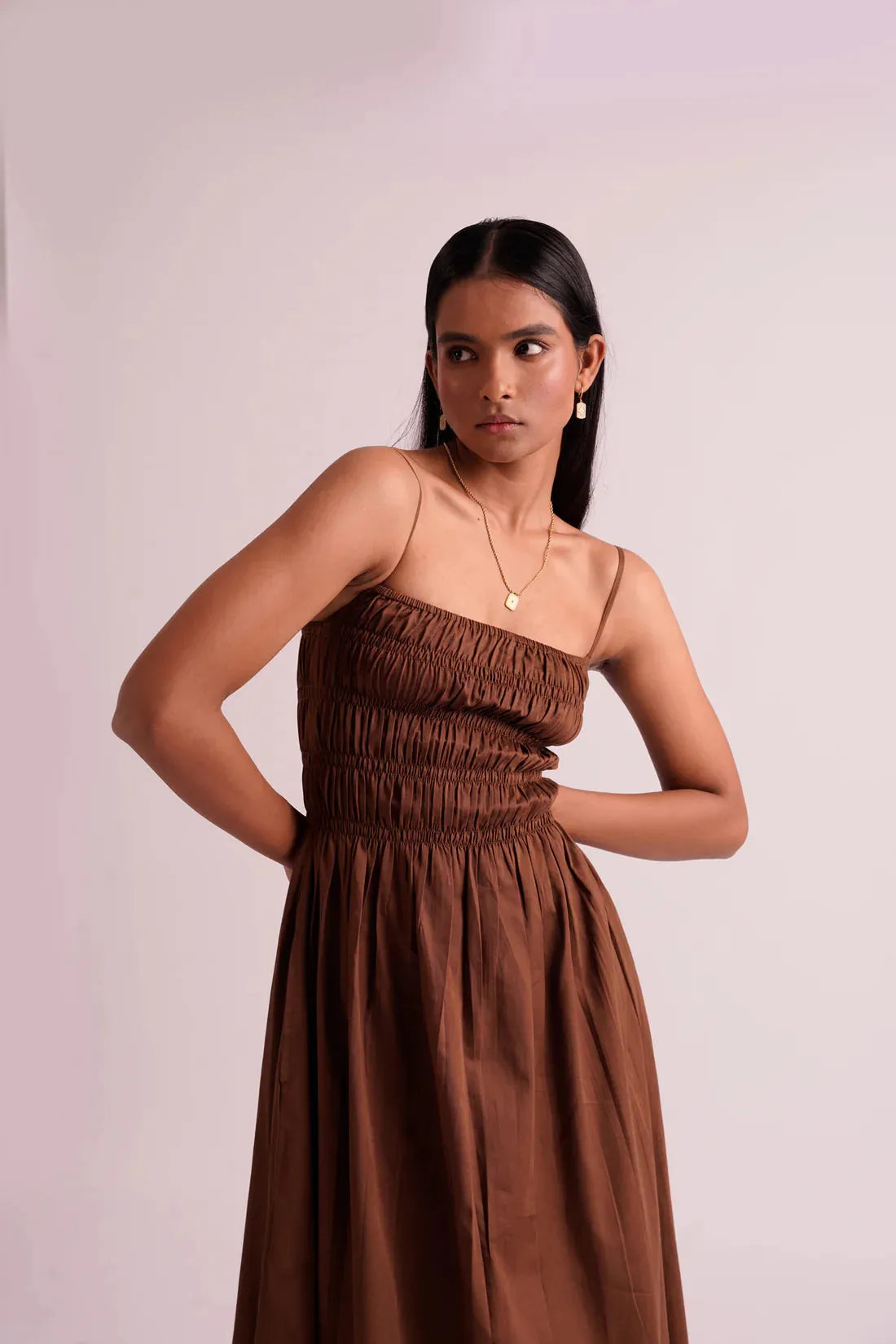 Midi Length Brown Women's cotton strap Dress