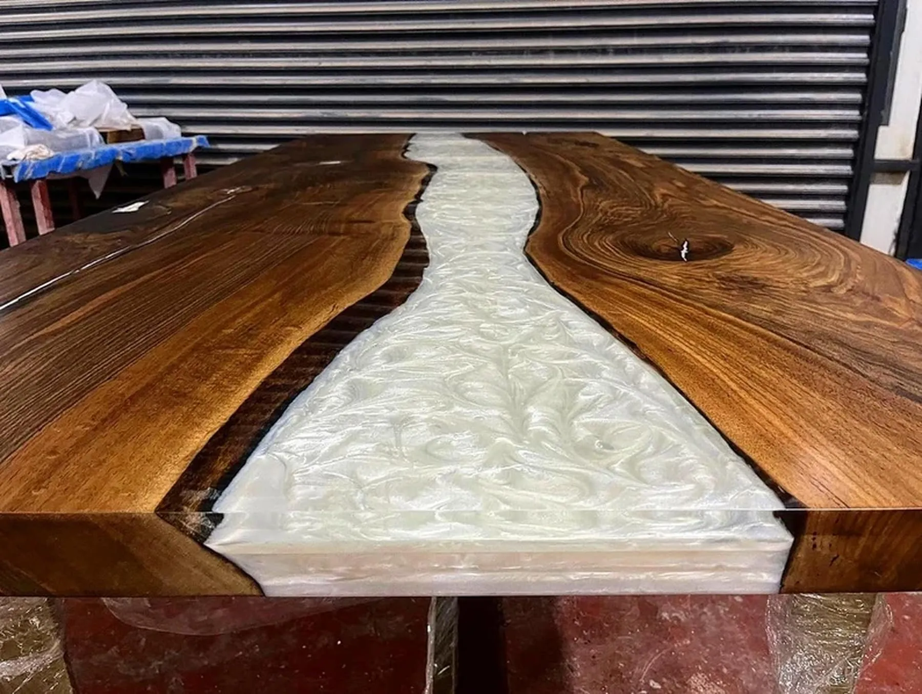 Nav Konst Epoxy Resin Customized Mold White Mettalic Table | Solid Natural Wood Table for Dining & Coffee | Customized Your Table According to Your Colour & Size