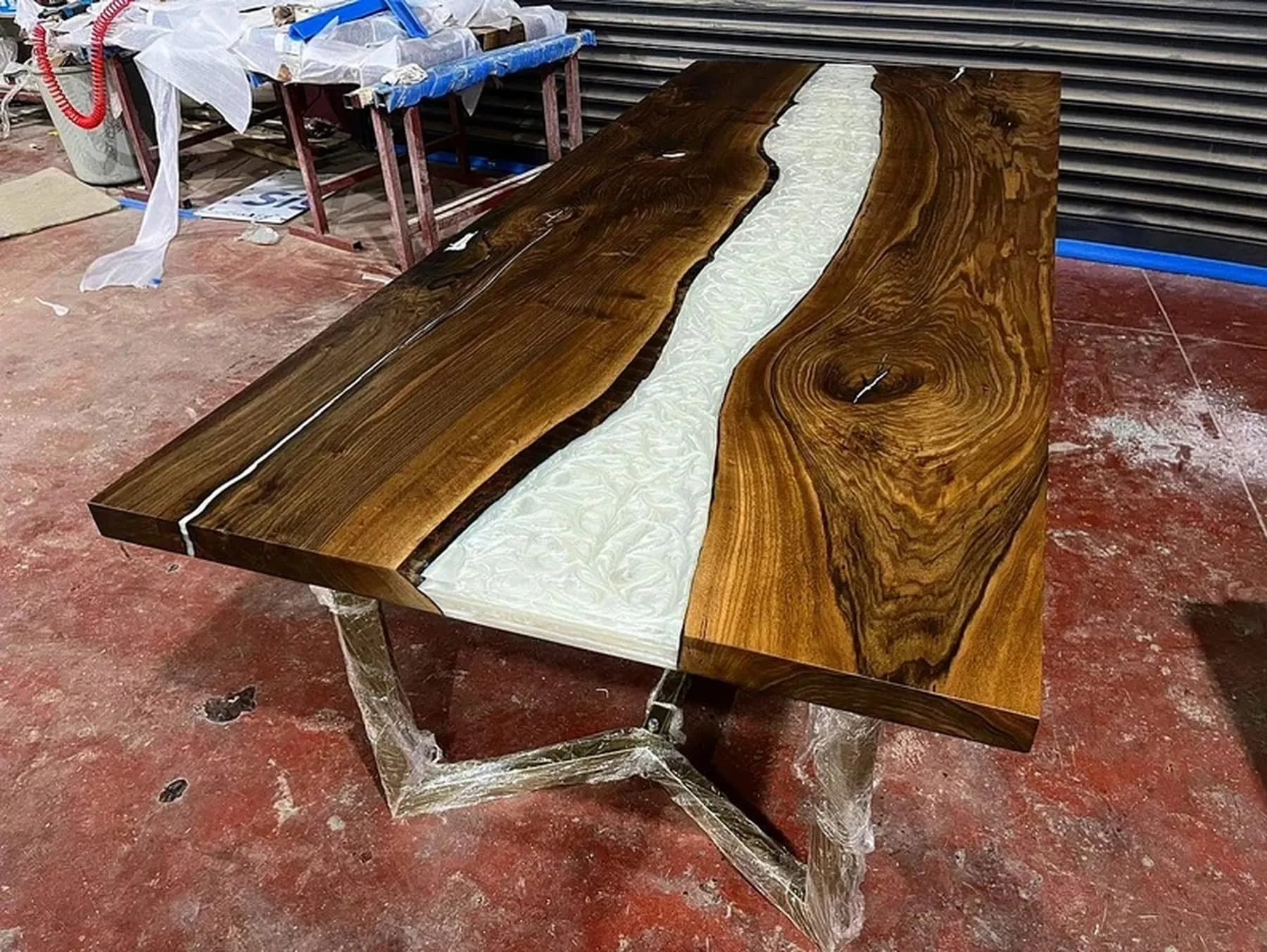 Nav Konst Epoxy Resin Customized Mold White Mettalic Table | Solid Natural Wood Table for Dining & Coffee | Customized Your Table According to Your Colour & Size