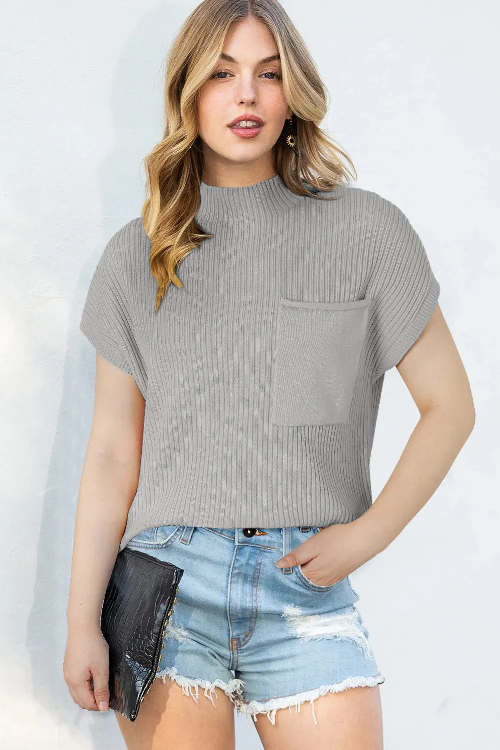 Oatmeal Patch Pocket Ribbed Knit Short Sleeve Sweater