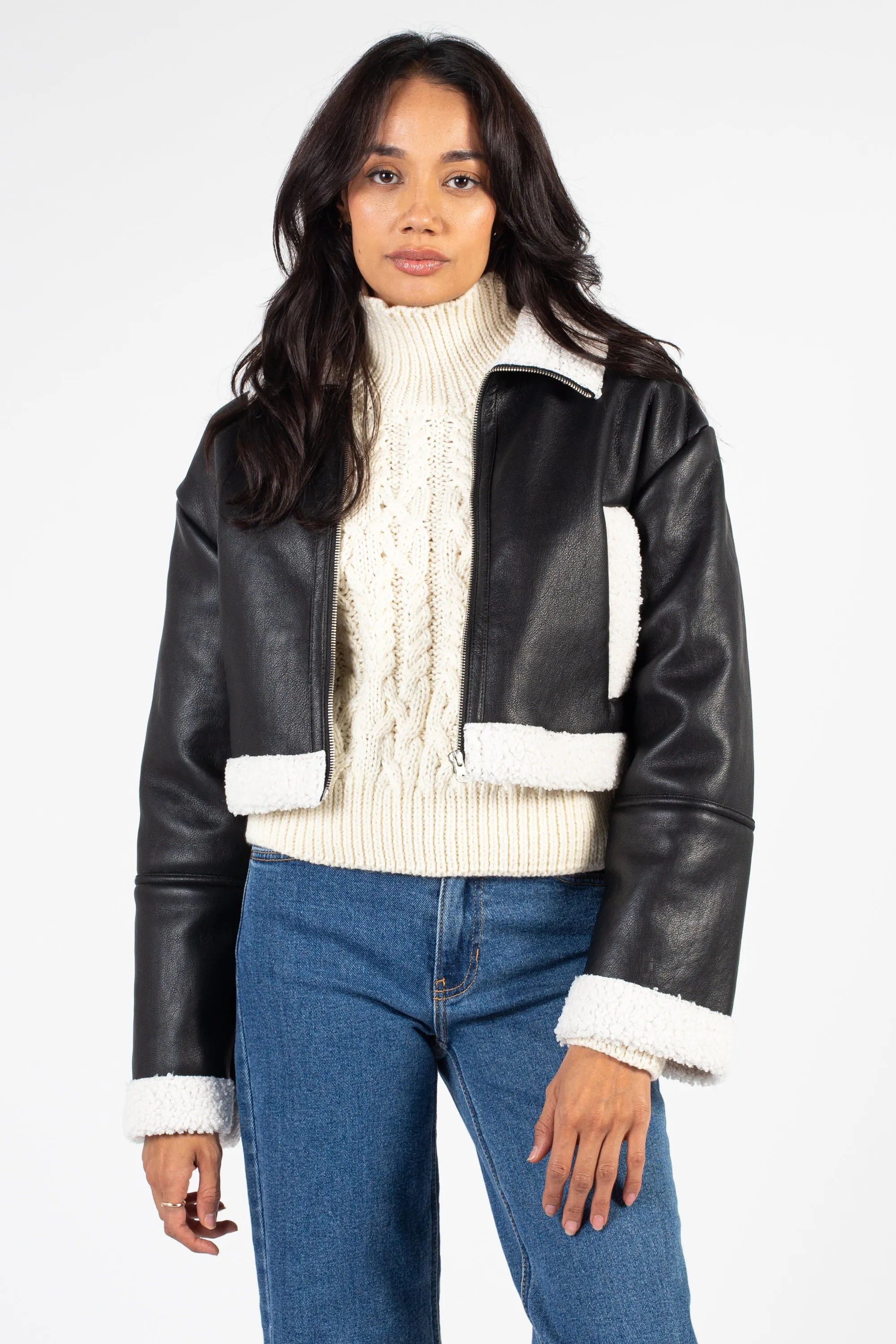 Peggi Sherpa Trim Vegan Leather Jacket