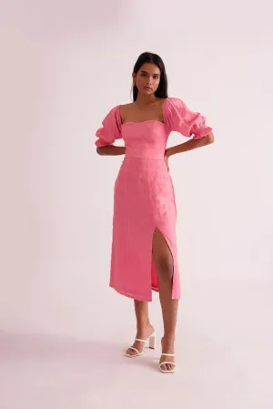 Pink 100% Linen Women's Slit Midi Dress