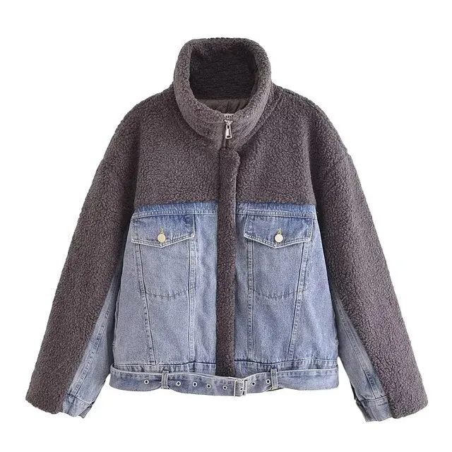 Pre Order:  Woolen Denim Spliced Stand Collar Coat