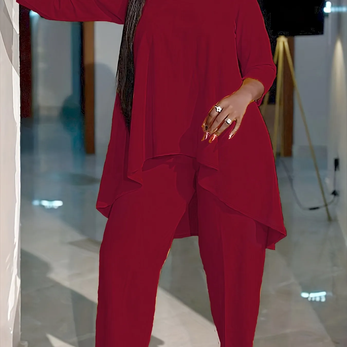 "Curve Comfort: Plus Size Solid Two-Piece Set - Long Sleeve Round Neck Tunic Top & Pants Ensemble for Casual Chic"