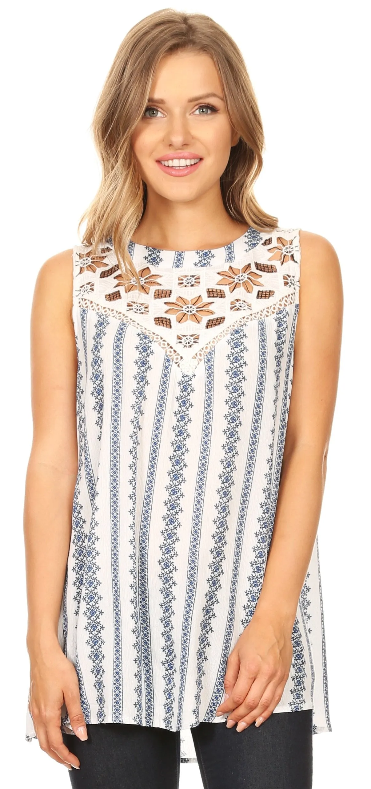 Sakkas Meli Corchet Lace Floral Stripe Tank with Keyhole Back