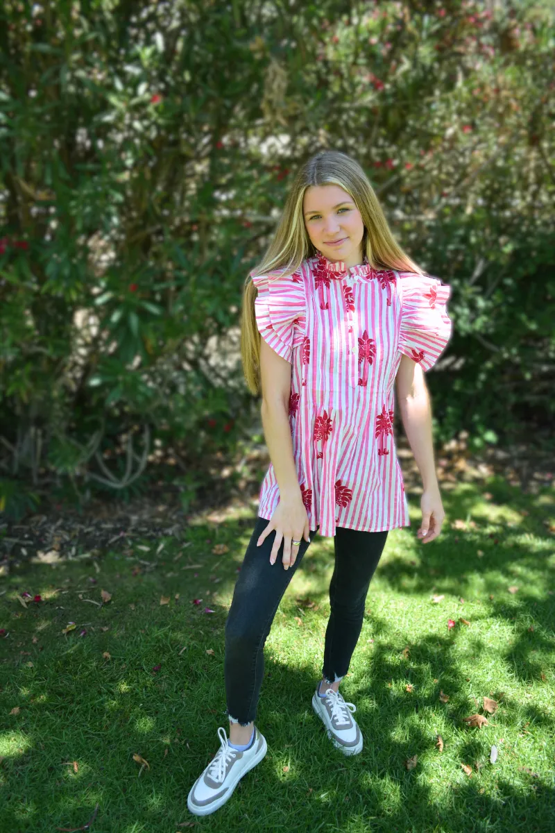 SAMPLE | Ruffle Sleeve Top | Pink Palms