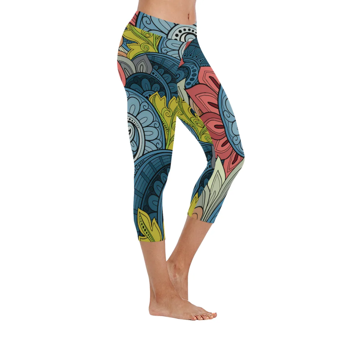 Seamless Floral Pattern Paisley Garden Style Women's Low Rise Capri Leggings (Invisible Stitch)