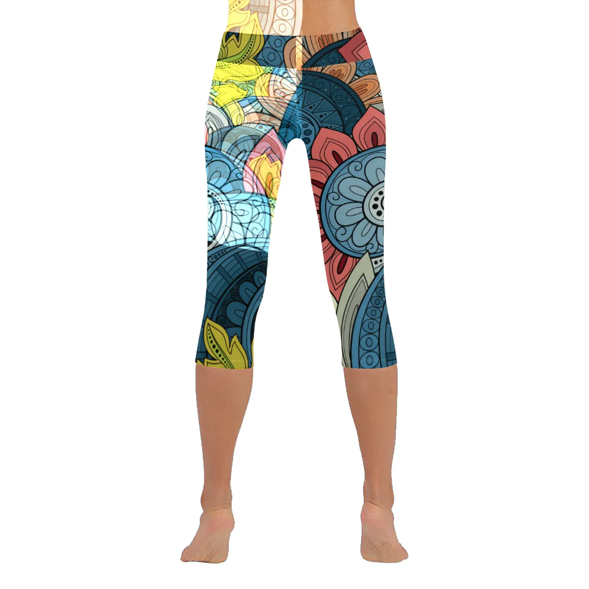 Seamless Floral Pattern Paisley Garden Style Women's Low Rise Capri Leggings (Invisible Stitch)