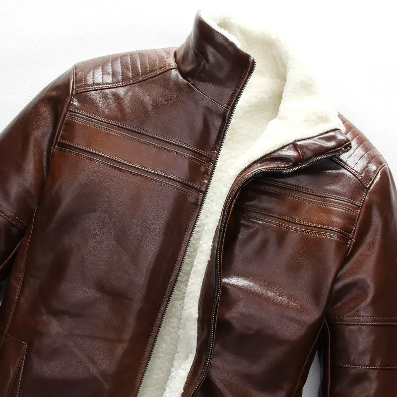 Ski Lodge Stand Collar Brown Leather Jacket