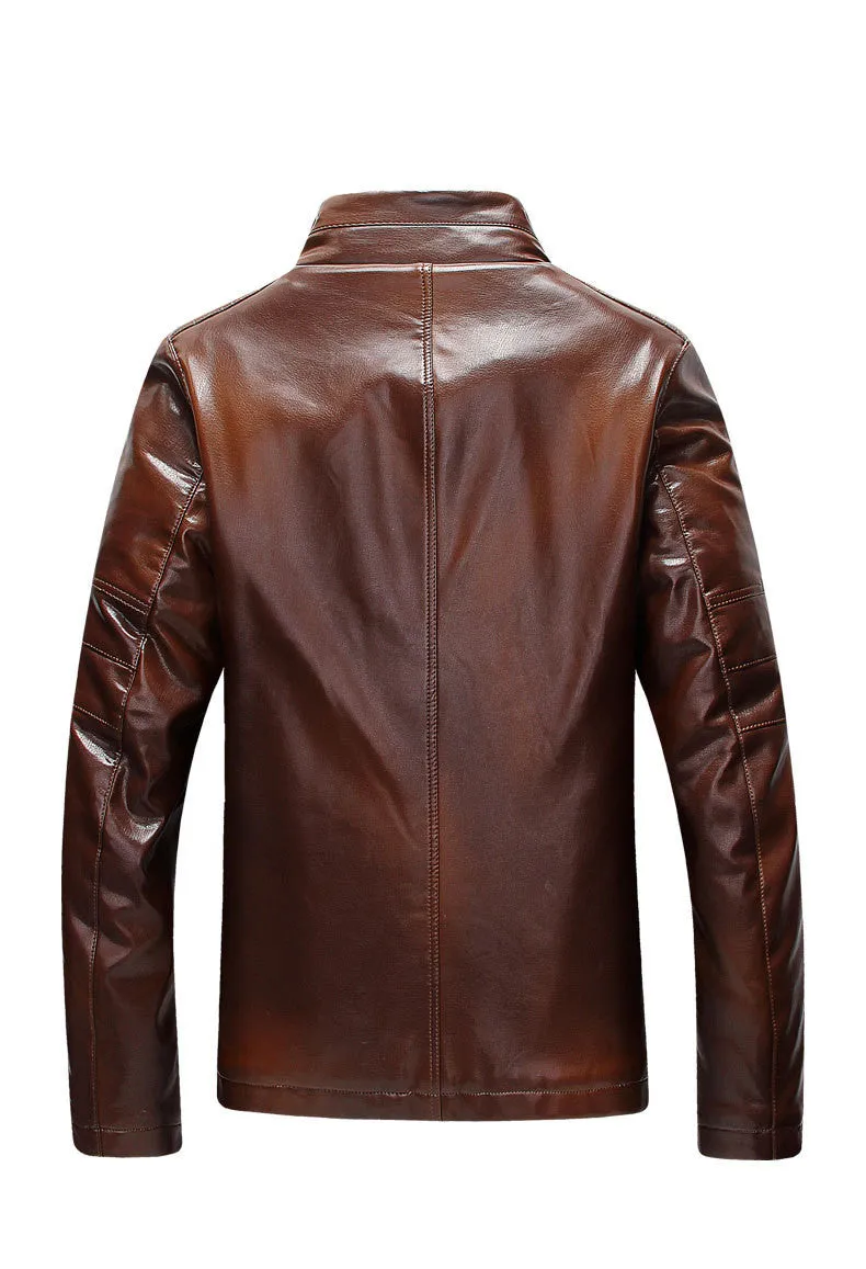 Ski Lodge Stand Collar Brown Leather Jacket