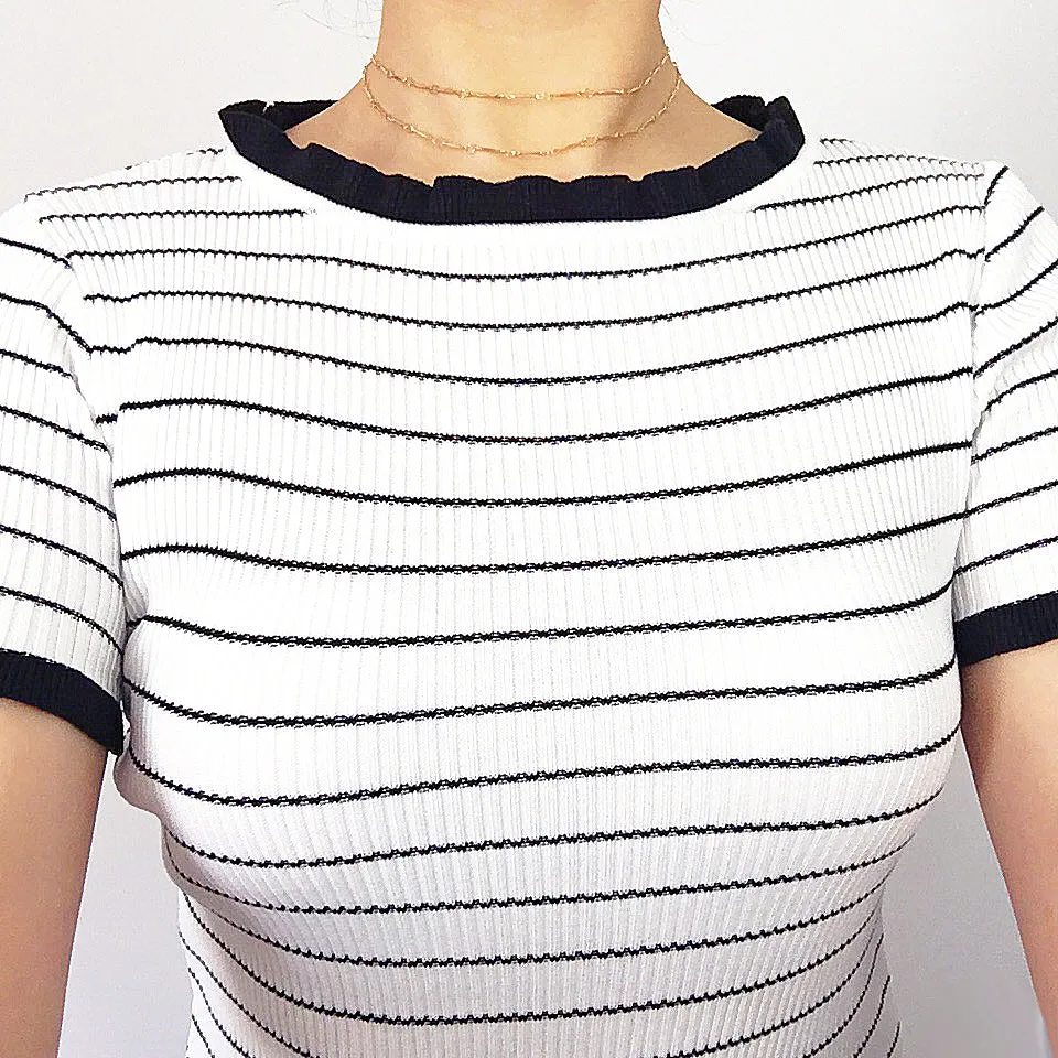 STRIPE KNIT RUFFLE EDGES TEE TOP