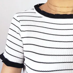 STRIPE KNIT RUFFLE EDGES TEE TOP