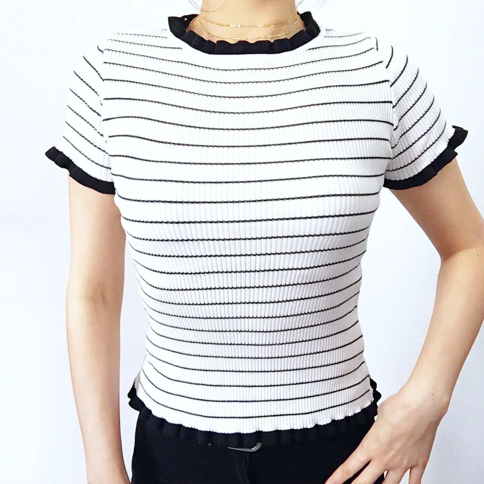 STRIPE KNIT RUFFLE EDGES TEE TOP