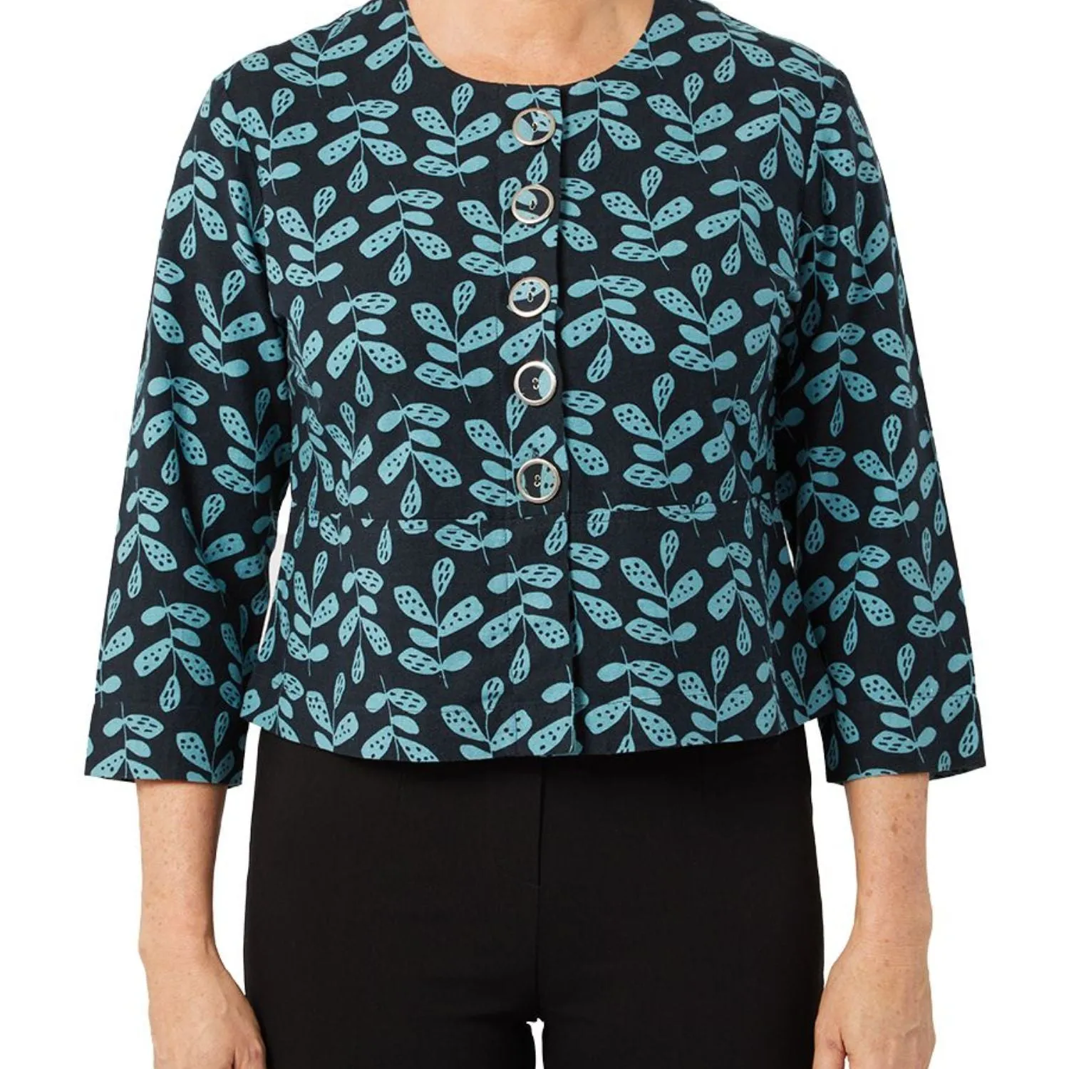 TIGI 18/20 Indigo Eco Leaf Print Cropped Button Jacket