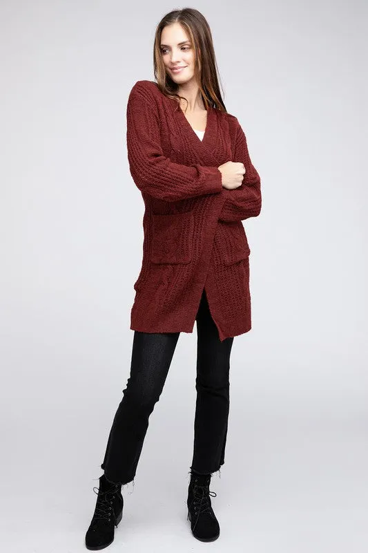 Twist Knitted Open Front Cardigan With Pockets