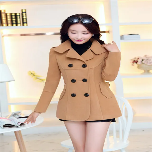 WKOUD Women Woolen Coats Winter Trench Coat Fashion Solid Double Breasted Overcoat Turn-down Collar Slim Outerwear C8103