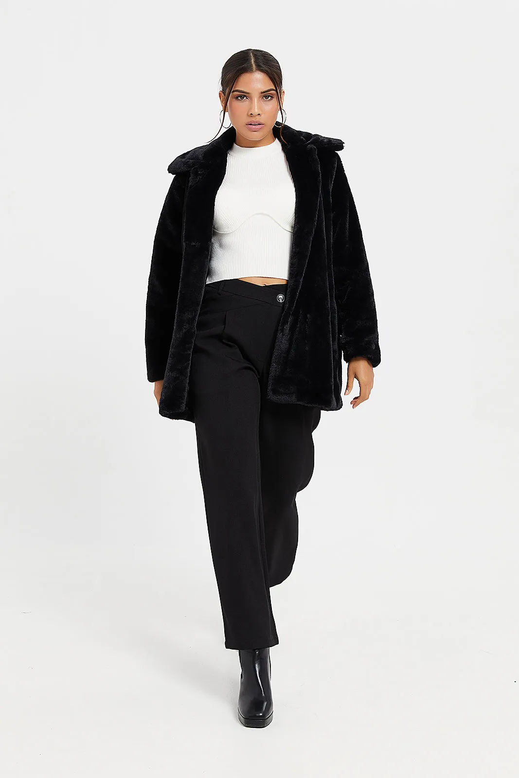 Women Plain Black Long Fur Jacket