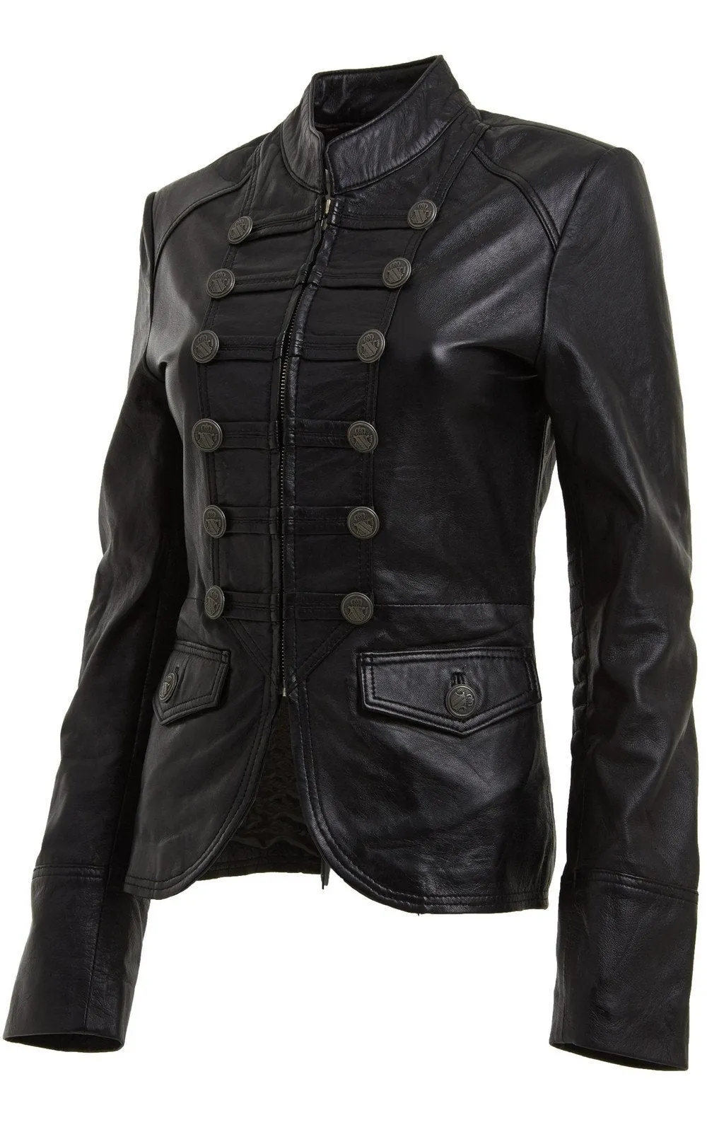 WOMENS BROWN AND BLACK MILITARY STYLE LEATHER BLAZER JACKET