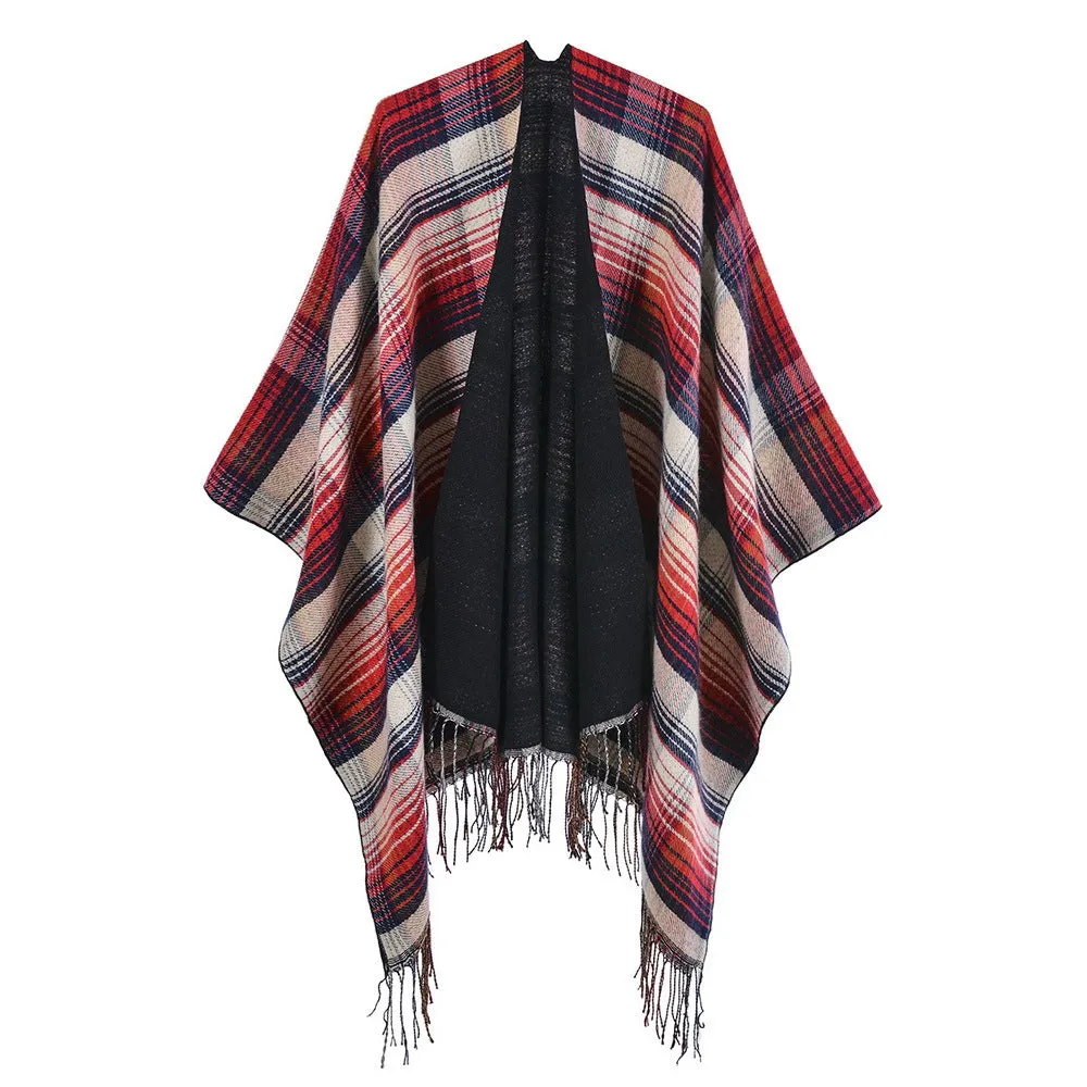 Women's classic color plaid cape with cashmere tassels thickened for warmth