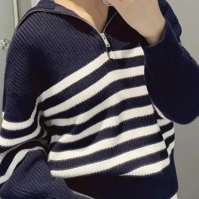 Women's Loose Striped Zip-Up Long Sleeve Knitted Sweater