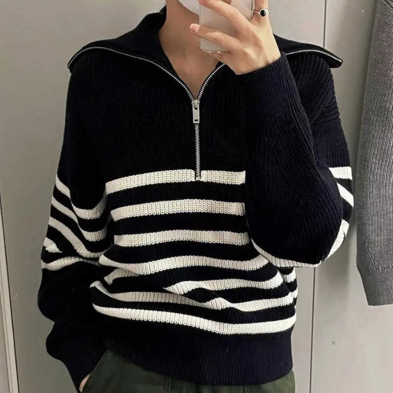 Women's Loose Striped Zip-Up Long Sleeve Knitted Sweater