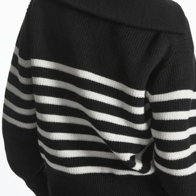 Women's Loose Striped Zip-Up Long Sleeve Knitted Sweater