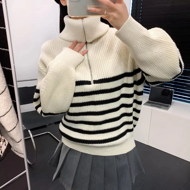 Women's Loose Striped Zip-Up Long Sleeve Knitted Sweater