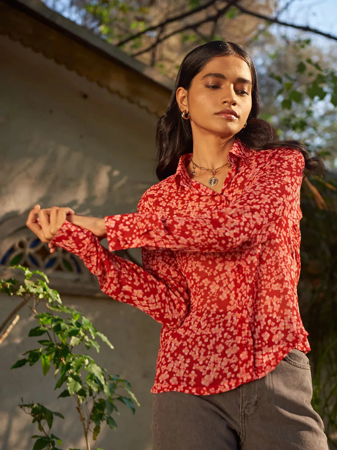 Women's Red printed Office Shirt