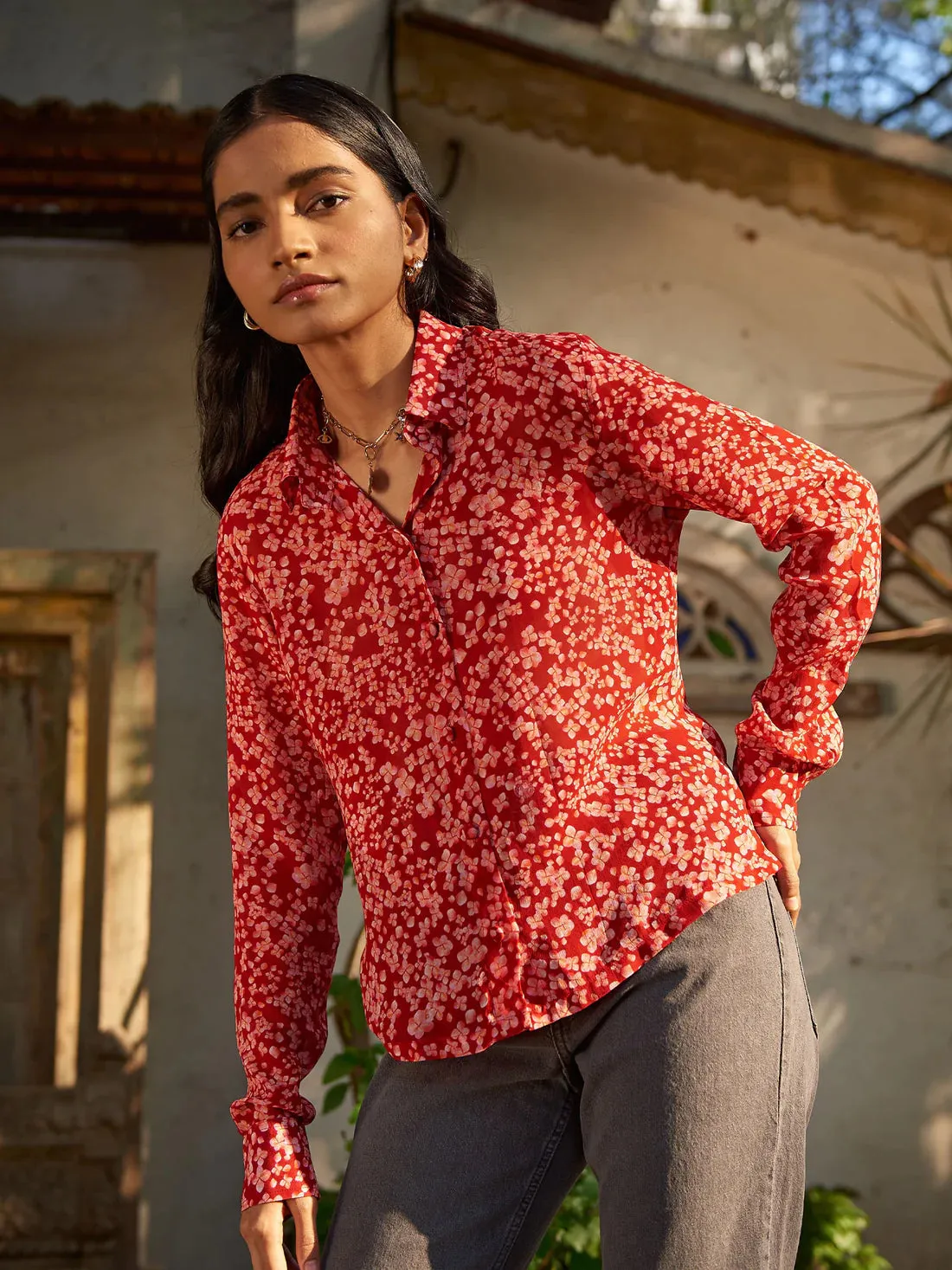 Women's Red printed Office Shirt