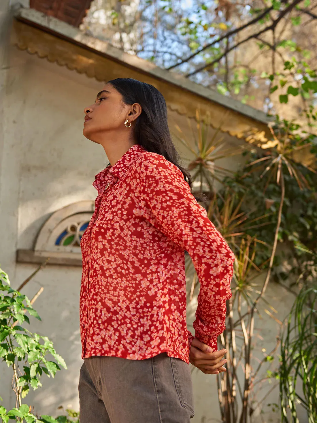 Women's Red printed Office Shirt